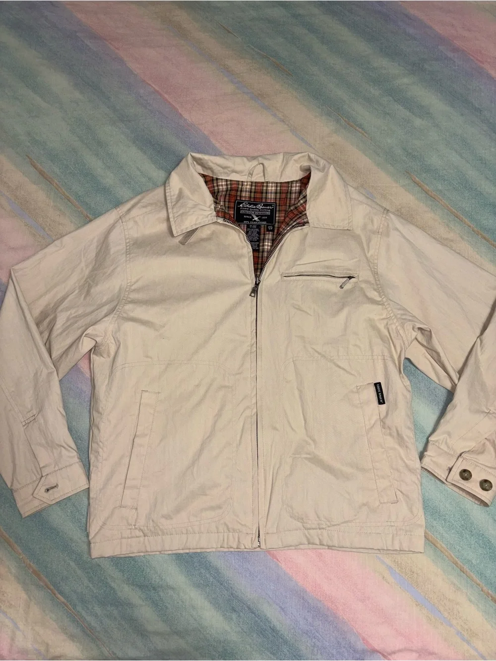 Eddie Bauer Tan Khaki Plaid Flannel Lined Jacket men’s size S
